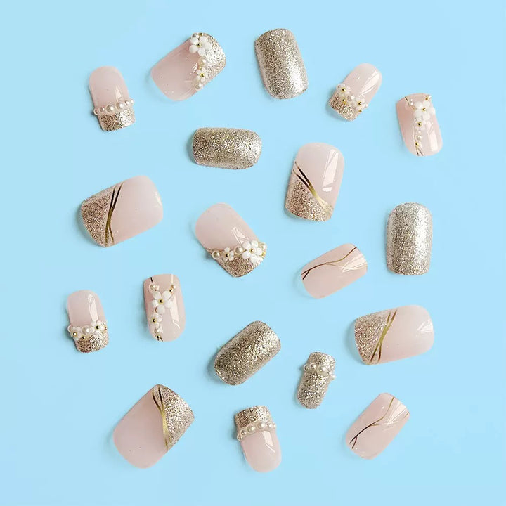 Vembley Blush Bloom Glitter Floral Press On Nails For Elegant Party Wear