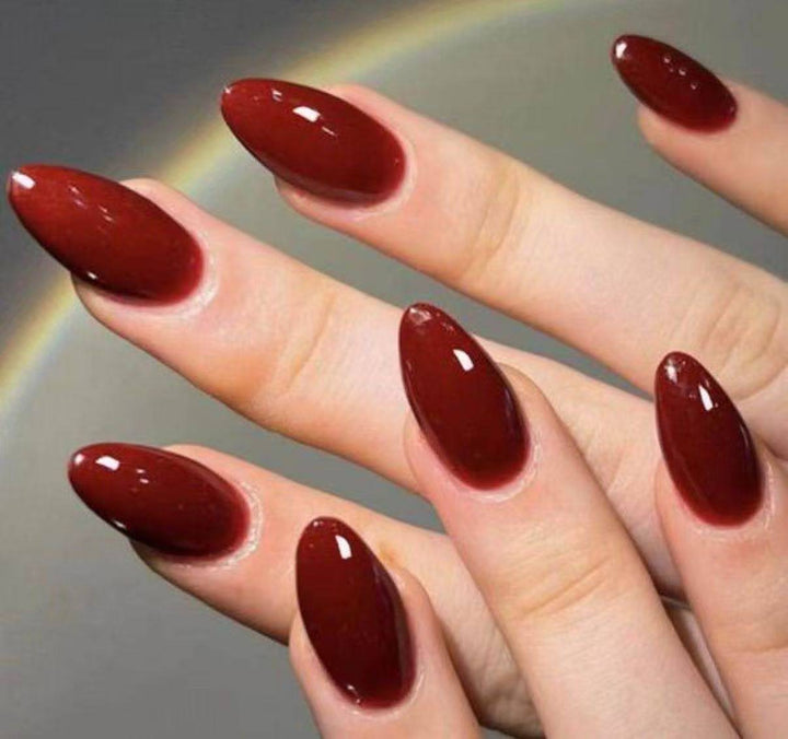Vembley Glossy Dark Maroon Almond Shape Press On Nails | Reusable Full Cover Artificial False Nails for Women | Set of 30 | Salon Finish