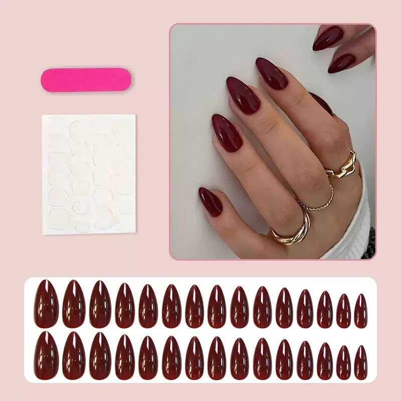 Vembley Glossy Dark Maroon Almond Shape Press On Nails | Reusable Full Cover Artificial False Nails for Women | Set of 30 | Salon Finish