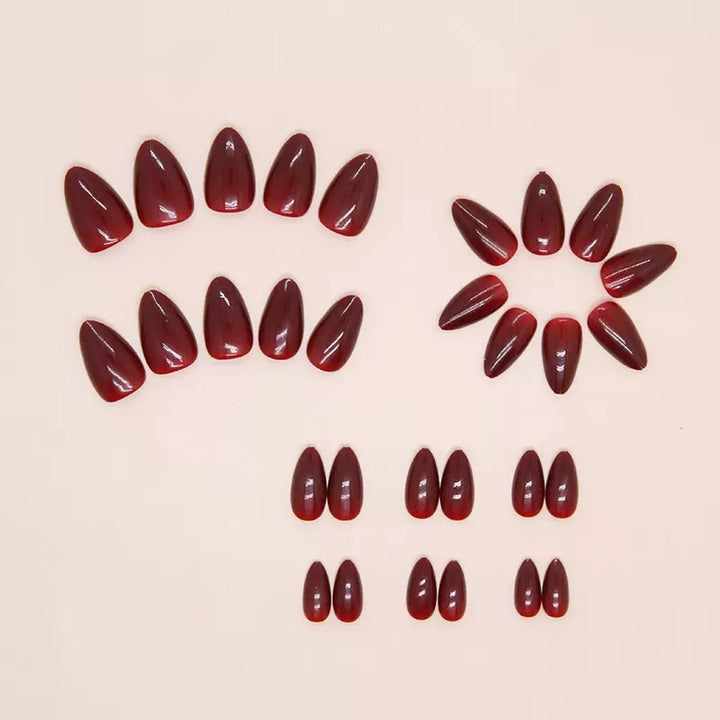 Vembley Glossy Dark Maroon Almond Shape Press On Nails | Reusable Full Cover Artificial False Nails for Women | Set of 30 | Salon Finish