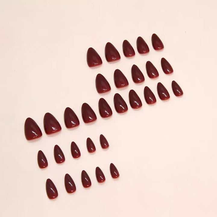 Vembley Glossy Dark Maroon Almond Shape Press On Nails | Reusable Full Cover Artificial False Nails for Women | Set of 30 | Salon Finish