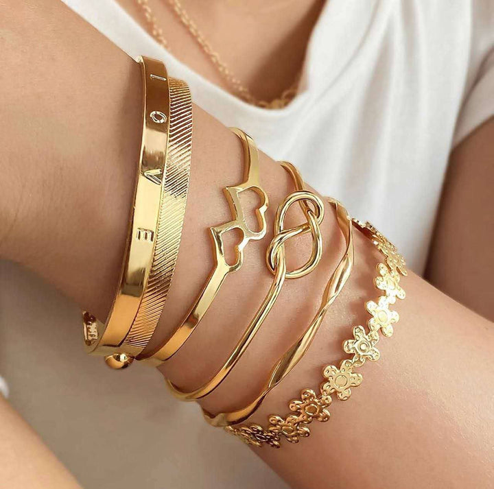 Vembley Gold-Tone 6-Piece Stackable Heart Knot Floral Bracelet Set for Women