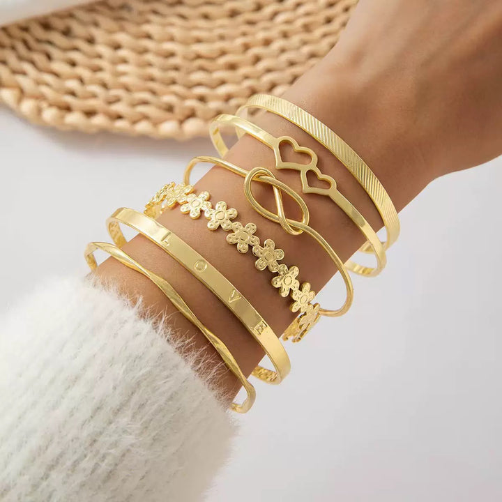 Vembley Gold-Tone 6-Piece Stackable Heart Knot Floral Bracelet Set for Women