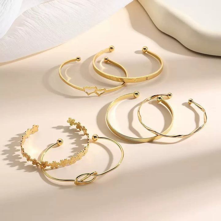 Vembley Gold-Tone 6-Piece Stackable Heart Knot Floral Bracelet Set for Women