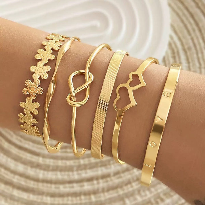 Vembley Gold-Tone 6-Piece Stackable Heart Knot Floral Bracelet Set for Women