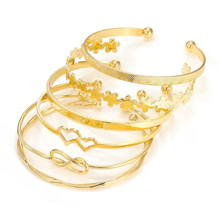 Vembley Gold-Tone 6-Piece Stackable Heart Knot Floral Bracelet Set for Women
