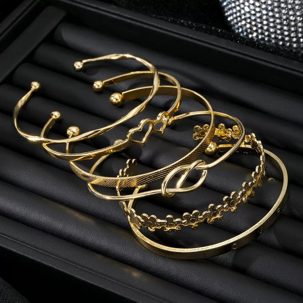 Vembley Gold-Tone 6-Piece Stackable Heart Knot Floral Bracelet Set for Women