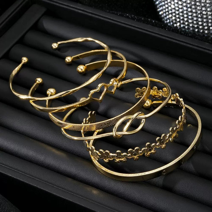 Vembley Gold-Tone 6-Piece Stackable Heart Knot Floral Bracelet Set for Women