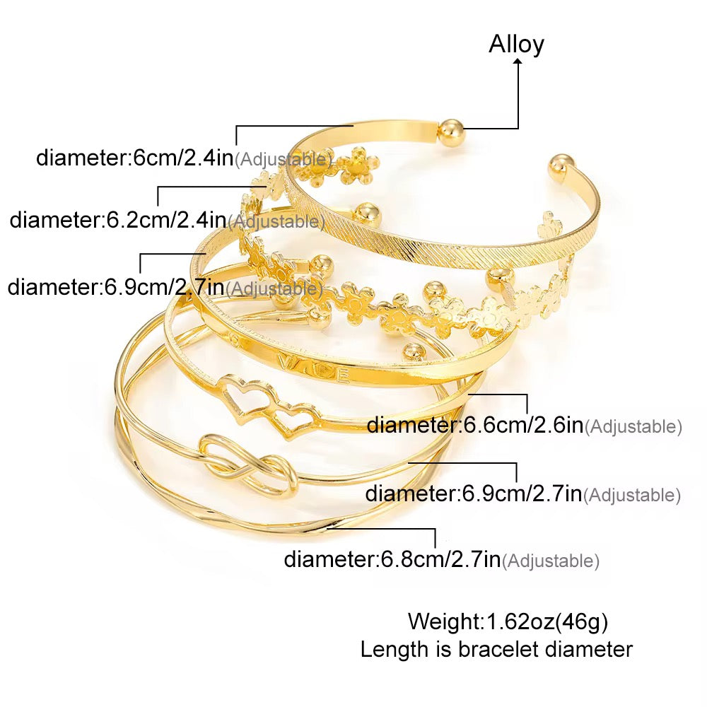 Vembley Gold-Tone 6-Piece Stackable Heart Knot Floral Bracelet Set for Women