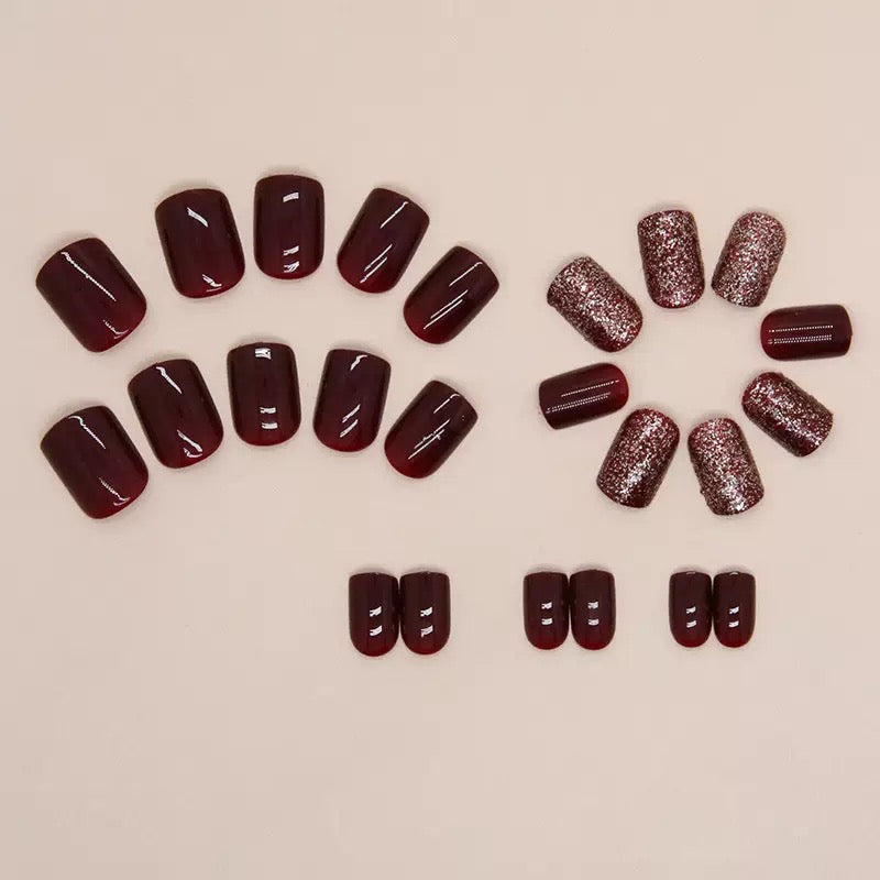 Vembley 24-Piece Dark Maroon Glitter Short Square Press On Nails with Glue Stickers Reusable