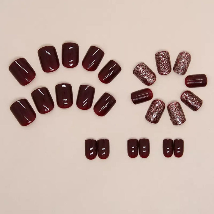 Vembley 24-Piece Dark Maroon Glitter Short Square Press On Nails with Glue Stickers Reusable