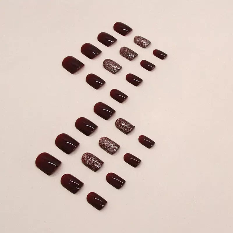Vembley 24-Piece Dark Maroon Glitter Short Square Press On Nails with Glue Stickers Reusable
