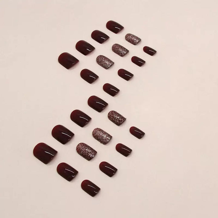 Vembley 24-Piece Dark Maroon Glitter Short Square Press On Nails with Glue Stickers Reusable