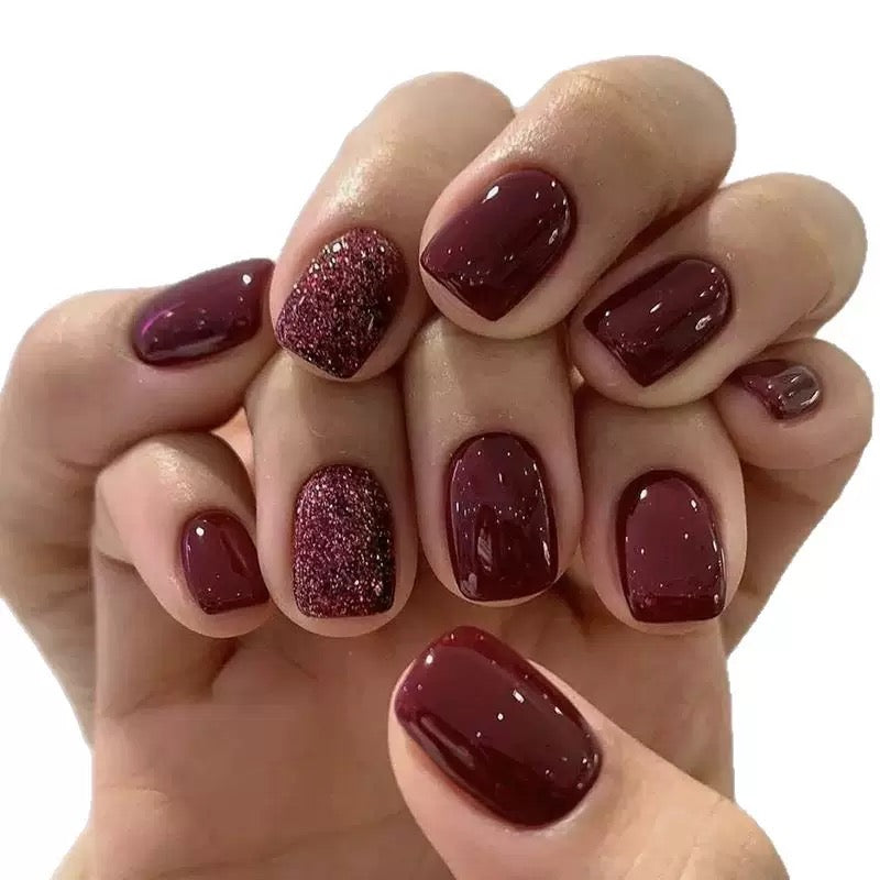 Vembley 24-Piece Dark Maroon Glitter Short Square Press On Nails with Glue Stickers Reusable