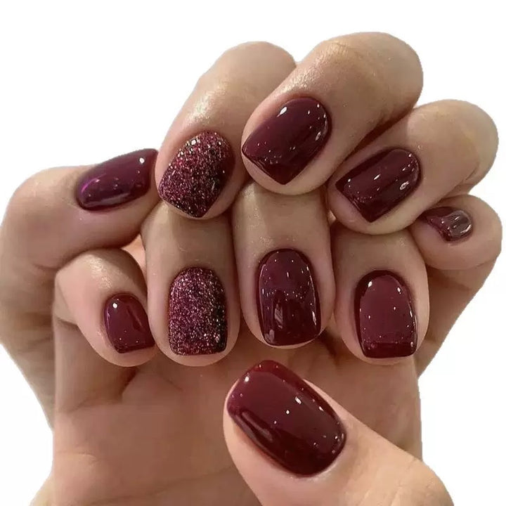 Vembley 24-Piece Dark Maroon Glitter Short Square Press On Nails with Glue Stickers Reusable