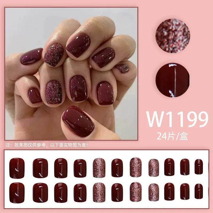 Vembley 24-Piece Dark Maroon Glitter Short Square Press On Nails with Glue Stickers Reusable