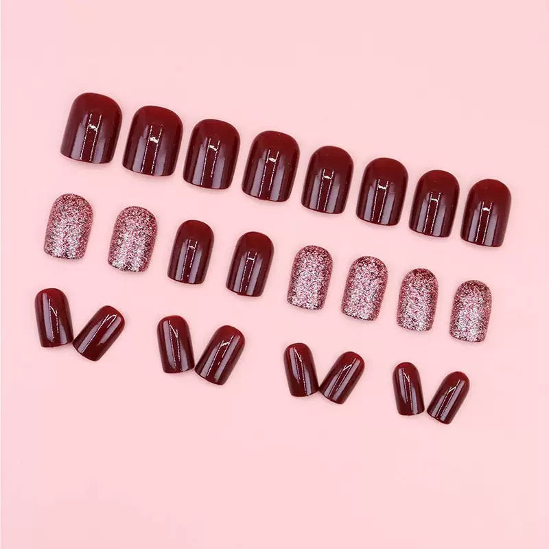 Vembley 24-Piece Dark Maroon Glitter Short Square Press On Nails with Glue Stickers Reusable