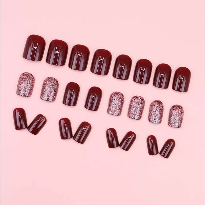 Vembley 24-Piece Dark Maroon Glitter Short Square Press On Nails with Glue Stickers Reusable