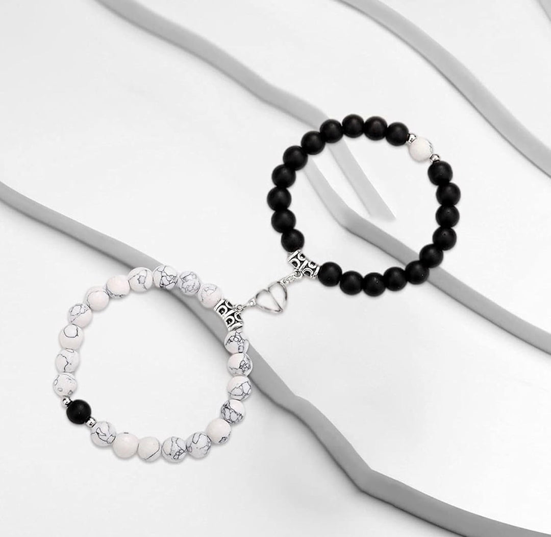 Vembley Black & White Beaded Couple Bracelet Set - Heart Charm Matching Bracelets