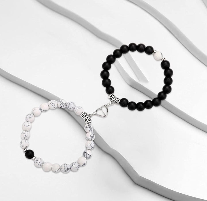 Vembley Black & White Beaded Couple Bracelet Set - Heart Charm Matching Bracelets