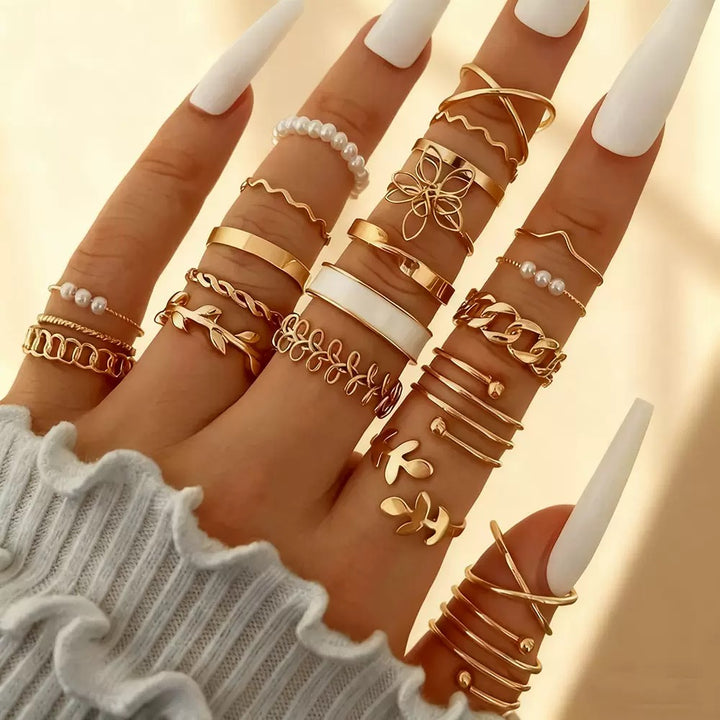 Vembley Gold Plated Trendy Stackable Rings Set Pearl & Butterfly Fashion Rings for Women