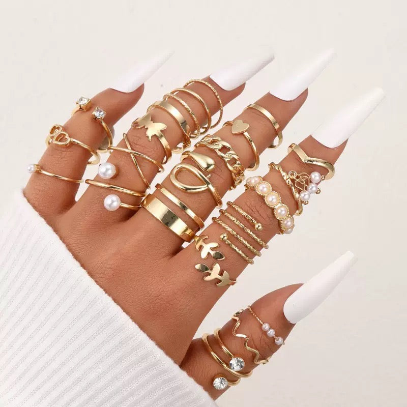 Vembley Gold Plated Pearl & Heart Stackable Rings Set Trendy Fashion Rings for Women