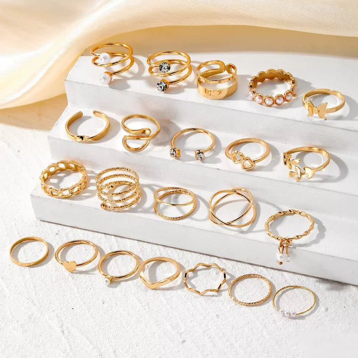 Vembley Gold Plated Pearl & Heart Stackable Rings Set Trendy Fashion Rings for Women