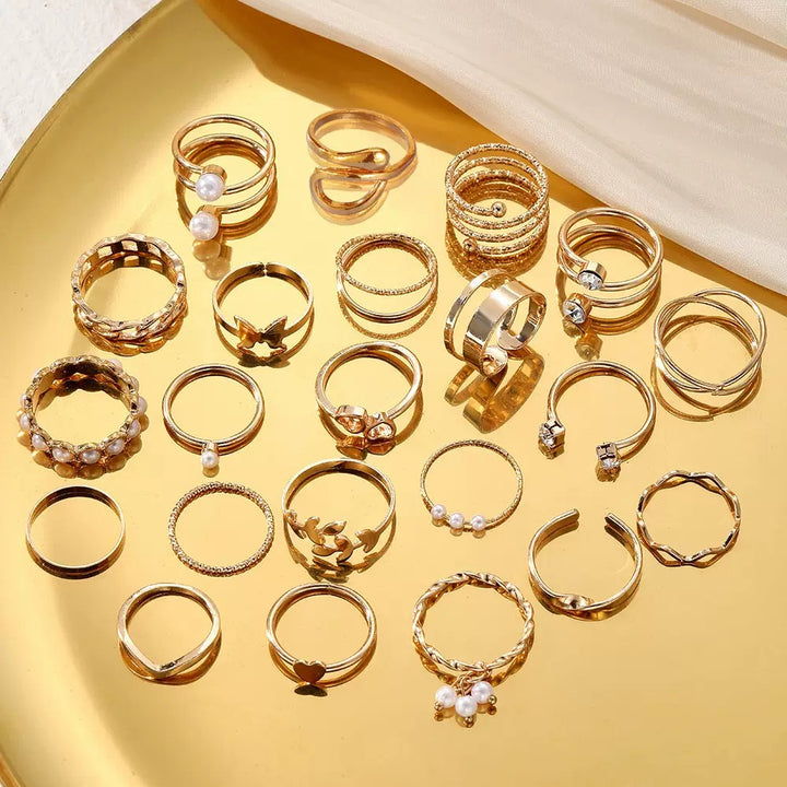 Vembley Gold Plated Pearl & Heart Stackable Rings Set Trendy Fashion Rings for Women