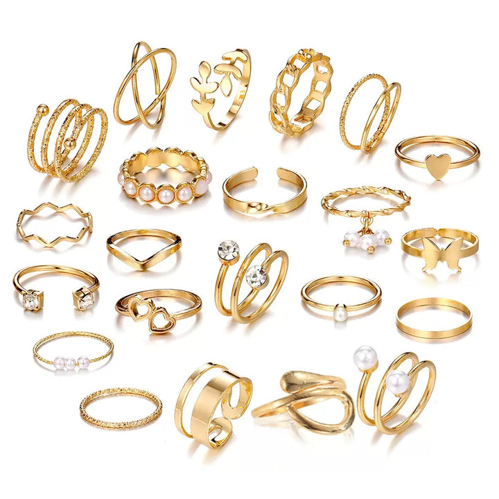 Vembley Gold Plated Pearl & Heart Stackable Rings Set Trendy Fashion Rings for Women