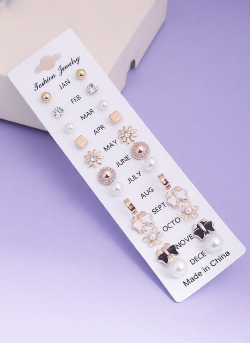Vembley Elegant Floral Pearl Crystal Multi-Style Stud Earrings Set for Women