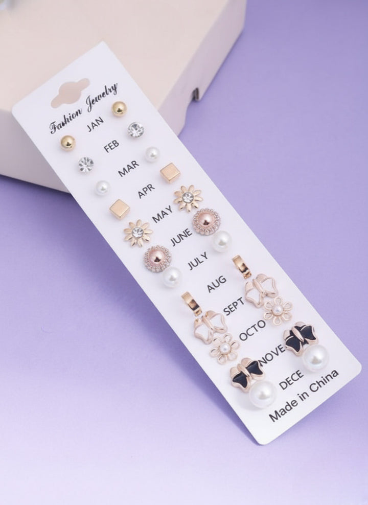 Vembley Elegant Floral Pearl Crystal Multi-Style Stud Earrings Set for Women