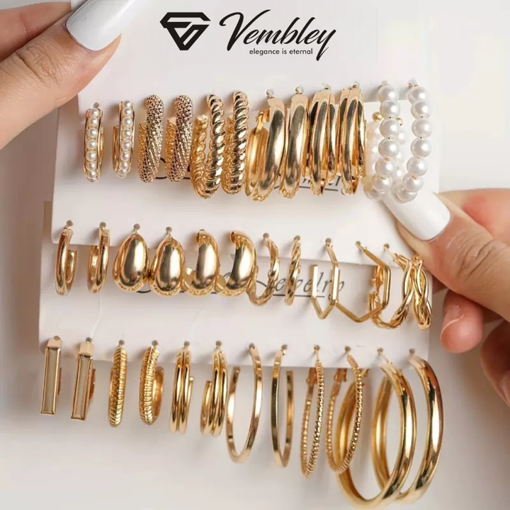 Vembley Combo Of 18 Pair Gold Hoop Pearl Designer Earrings Combo Set for Women