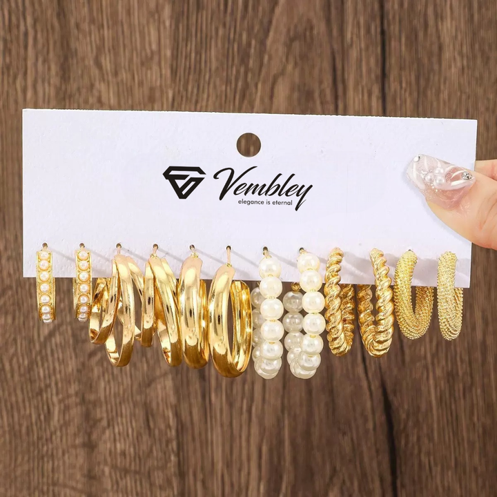 Vembley Combo Of 18 Pair Gold Hoop Pearl Designer Earrings Combo Set for Women