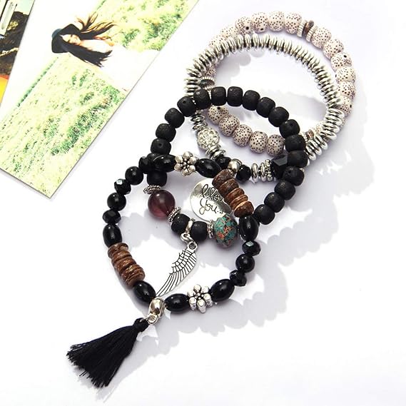 Vembley Trendy Bohemian Bracelet Stack with silver beads, tassel charm, and love pendant for women and girls