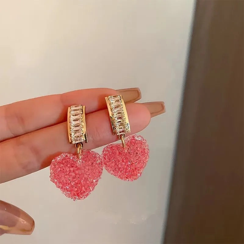 Korean Pink Heart Crystal Drop Earrings
