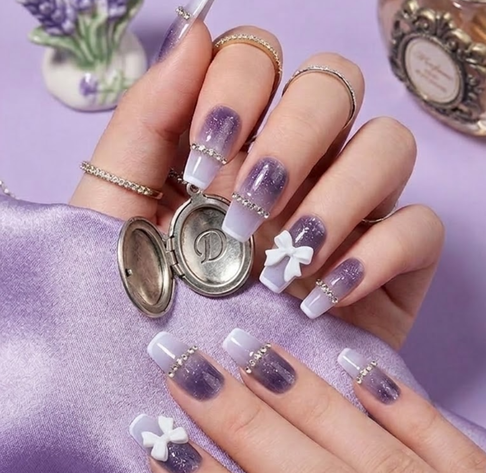 Vembley Purple Glitter French Tip Press-On Nails with Bow 24 Pcs Press On Nails
