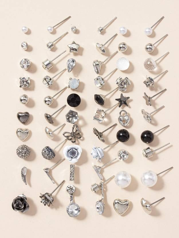 Vembley Set Of 30 Pair of Crystal And Pearl Stud Earring For Women And Girls