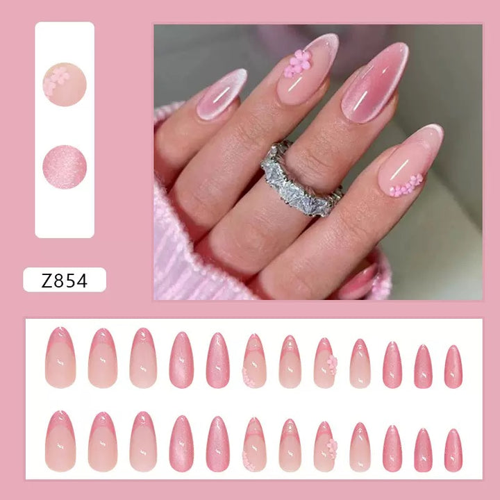 Vembley Elegant Pink Floral Press-On Nails – Glossy Almond Shape for Stylish Women