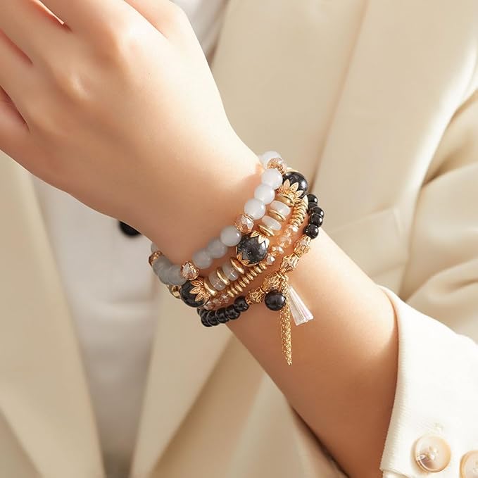 Vembley Boho Stackable Bracelets for Women Set, 4 Pack Girls Stretch Multilayer Stack Beads Black Beaded Charm Bracelets