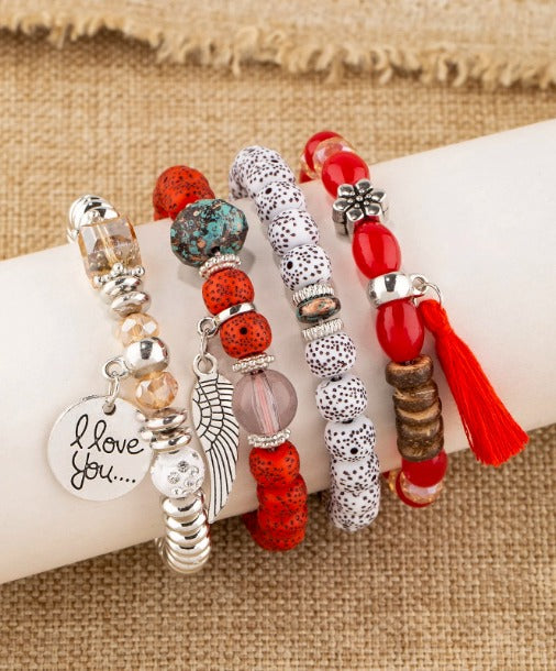 Vembley Trendy Bohemian Bracelet Stack with silver beads, tassel charm, and love pendant for women and girls