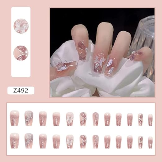 Vembley Blush Pink Glitter Butterfly Pearl Elegant Square 24 Pcs Press On Nails