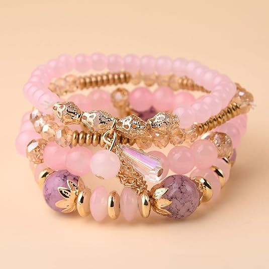 Vembley Boho Stackable Bracelets for Women Set, 4 Pack Girls Stretch Multilayer Stack Beads Pink Beaded Charm Bracelets