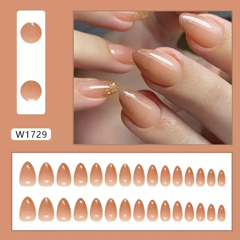 Vembley Nude Peach Glossy Glitter Tip Elegant Almond Shape Press-On Nails