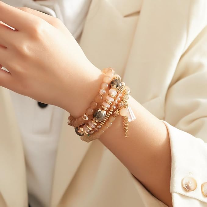 Vembley Boho Stackable Bracelets for Women Set, 4 Pack Girls Stretch Multilayer Stack Beads Brown Beaded Charm Bracelets