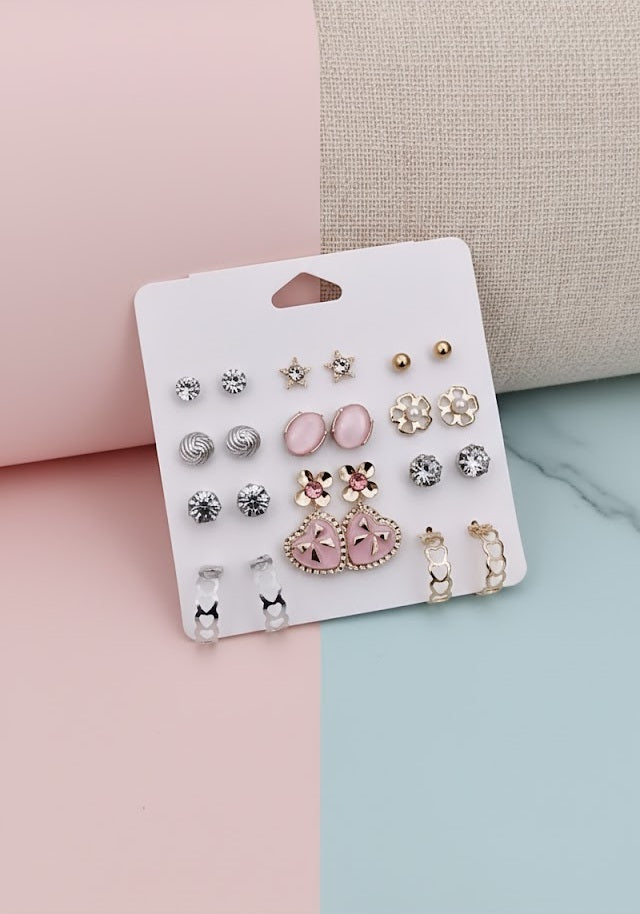 Vembley Stylish Pink Crystal Floral Heart Stud Earrings Set for Women