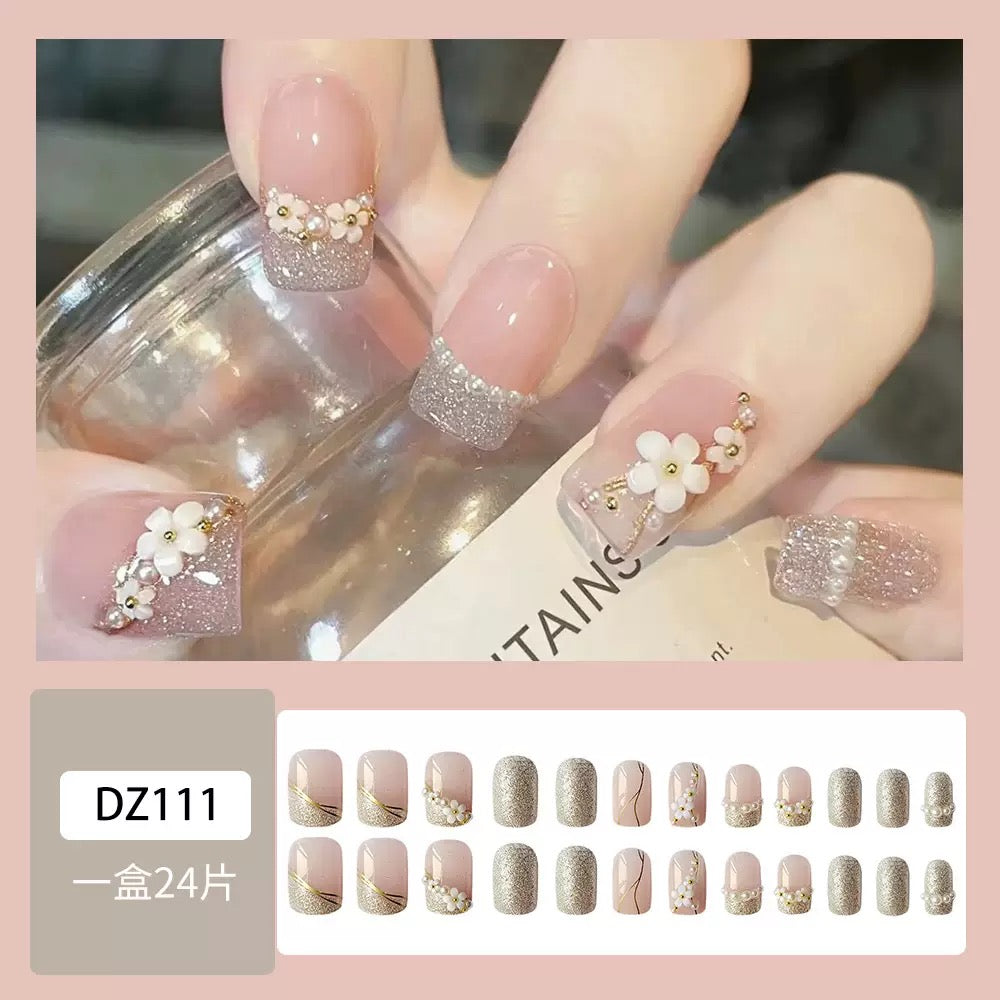 Vembley Blush Bloom Glitter Floral Press On Nails For Elegant Party Wear