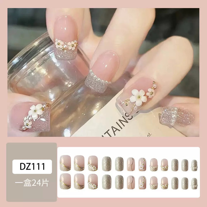 Vembley Blush Bloom Glitter Floral Press On Nails For Elegant Party Wear