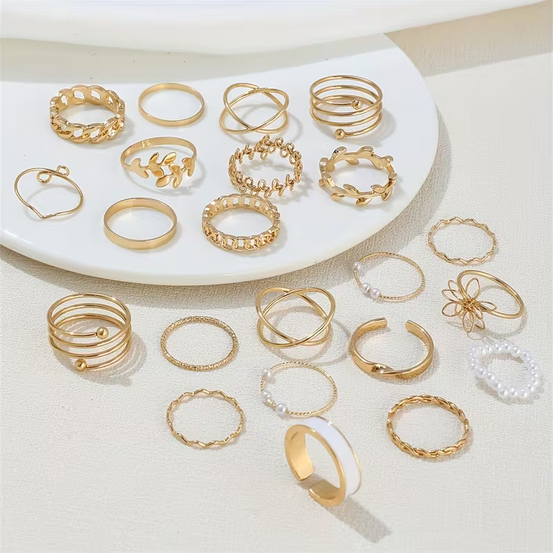 Vembley Gold Plated Trendy Stackable Rings Set Pearl & Butterfly Fashion Rings for Women