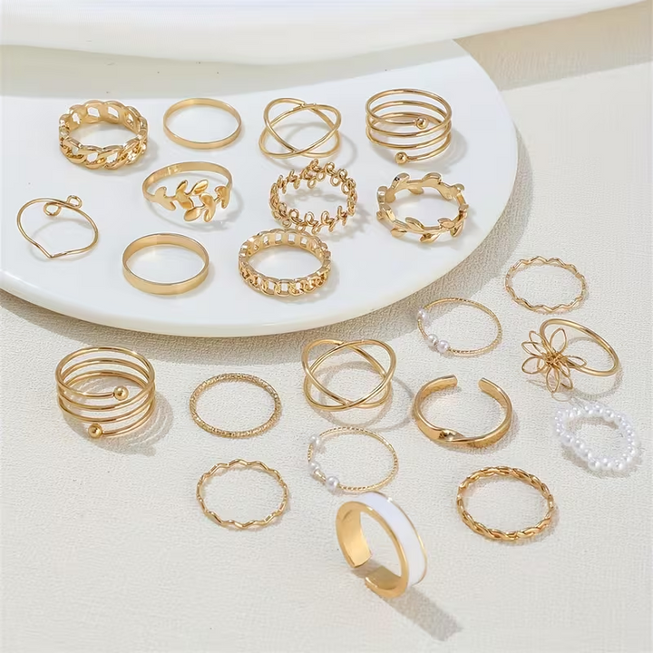 Vembley Gold Plated Trendy Stackable Rings Set Pearl & Butterfly Fashion Rings for Women