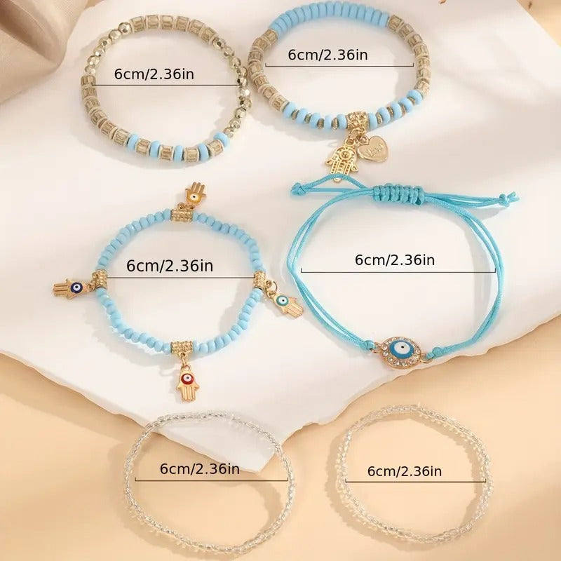Vembley Elegant Bohemian 6 Bracelet Set featuring Evil Eye, Hamsa charms, beaded layers, adjustable cord, and metallic accents bracelet for women and girls